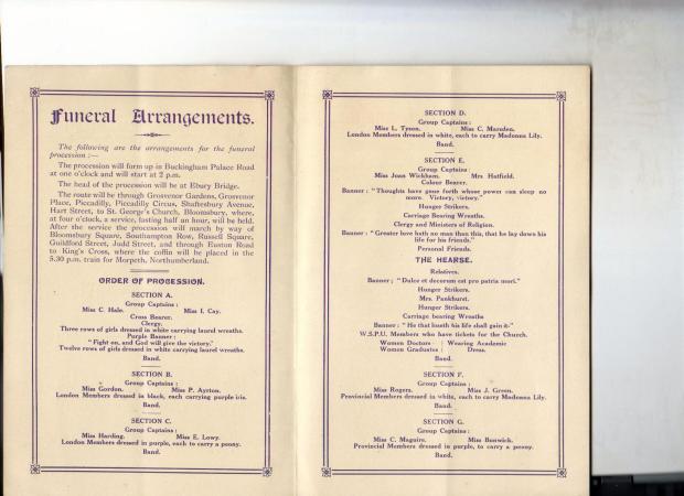 Inside pages of the programme for Emily Davison's funeral procession