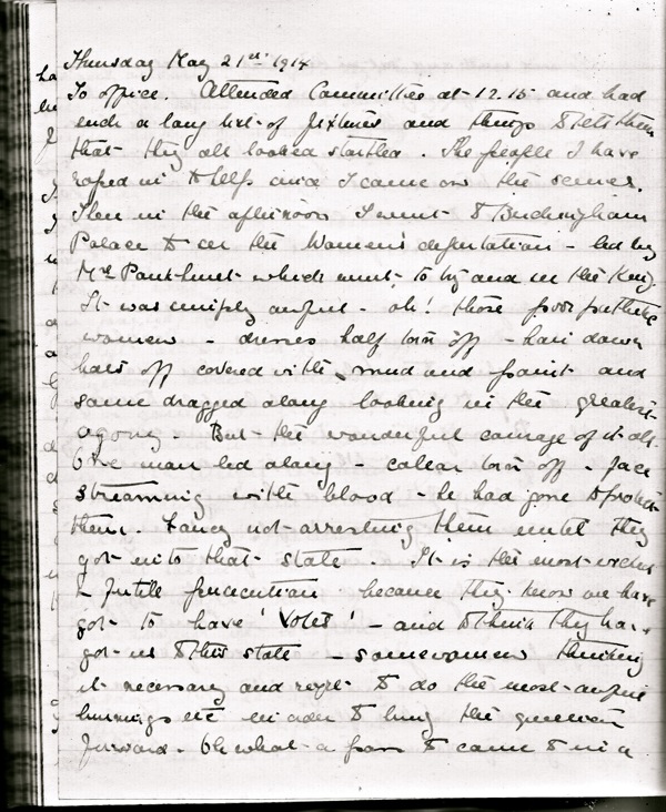 Kate's diary entry for 21 May 1914 in which she records witnessing the WSPU demonstration in front of Buckingham Palace
