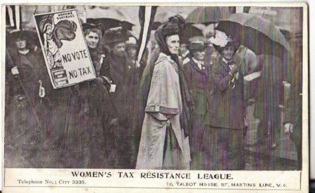 The Tax Resistance League logo - as seen on this banner - was designed by Mary Sargant Forence