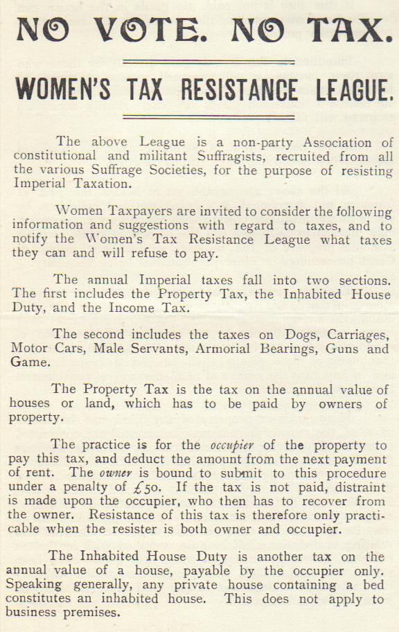 'The information given above is compiled for the Women's Tax Resistance League by Mrs Ethel Ayres Purdie, A.L.L.A., Income Tax Expert'