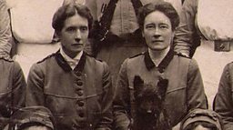 Louisa Garrett Anderson (r) and Flora Murray - plus dog. (Phot0 courtesy of BBC website)