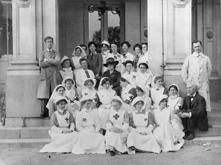 Mrs Stobart (centre) with her group in Antwerp. Sept 1914. Photo courtesy of Imperial War Museum Collection