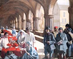 Norah Neilson-Gray. The Scottish Women's Hospital : In The Cloister of the Abbaye at Royaumont. Dr. Frances Ivens inspecting a French patient. Picture courtesy Imperial War Museum Women's Work Section