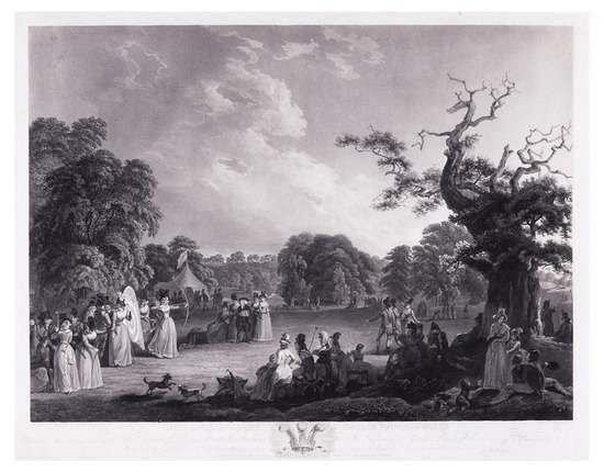 After John Emes & Robert Smirke To His Royal Highness George Prince of Wales This Plate representing a Meeting of The Society of Royal British Archers in Gwersyllt Park, Denbighshire, aquatint by Cornelis Apostool, [Siltzer p.335], 1794, John Emes. The scene illustrates the popularity of the Royal British Archers, or Royal Toxophilite Society, amongst women (albeit only of a high social standing) as one of the few sports in which they compete at all, let alone on equal terms. The original painting is in the British Museum, the landscape being the work of Robert Emes, who also published the print, while the figures were painted by Robert Smirke. Retrieved from http://www.bloomsburyauctions.com/detail/13420/1154.0. Image and caption courtesy of A toxophilite - Mary de Crespigny née Clarke (1749 - 1812) see http://ayfamilyhistory.blogspot.co.uk/ 