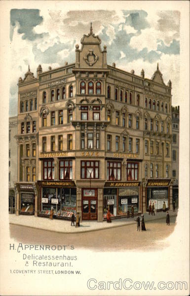 Appenrodt's flagship restaurant at 1 Coventry Street, London (courtesy of CardCow.com)
