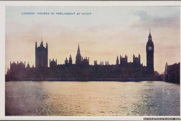 The view that Kate had of the Houses of Parliament. A colour photograph taken in the evening in 1914 (Courtesy of the National Army Museum/BBC News websites)