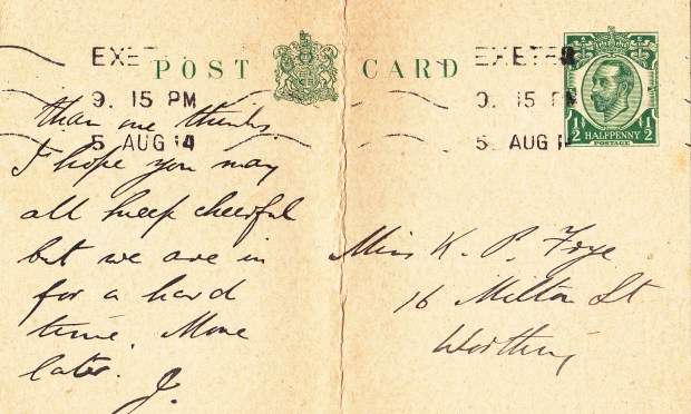 Johns's card, written on Wed 4 Aug and posted on 5 August from Exeter, where he was playing with a touring theatre company