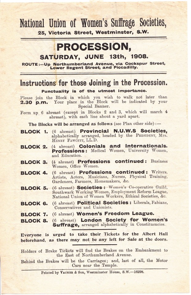 Instructions NUWSS procession June 1908
