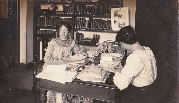 Christabel Pankhurst photographed in her office in Clement's Inn