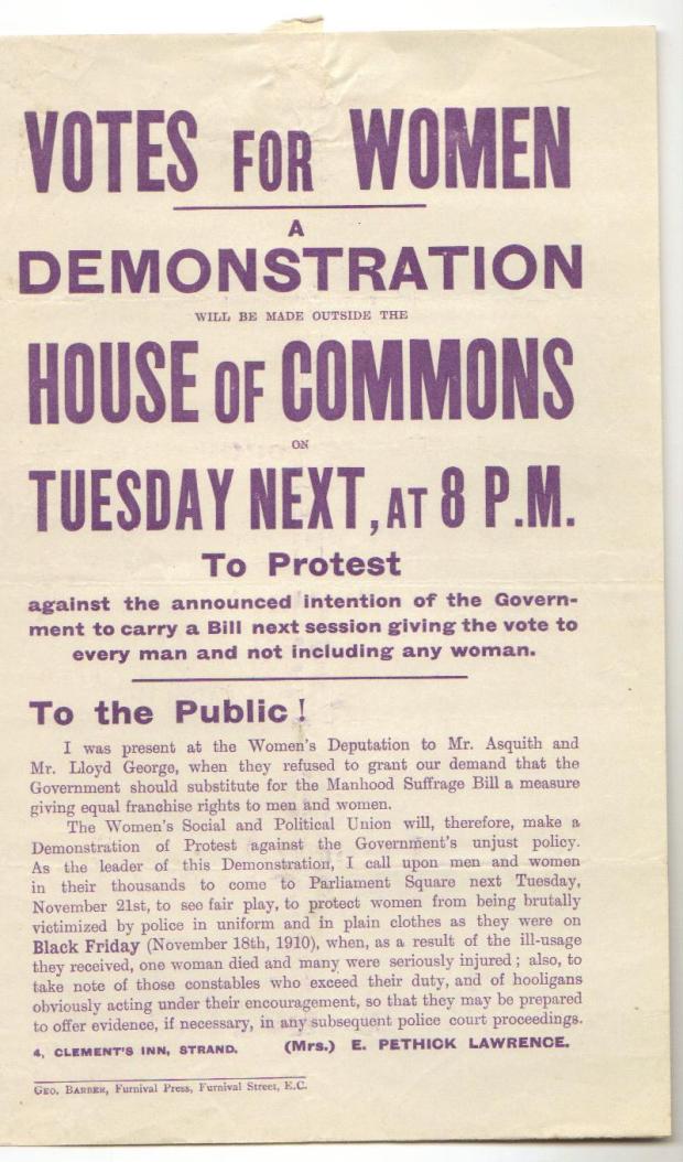 WSPU invitation to demonstrate outside the House of Commons on Tuesday 21 Nov 1911