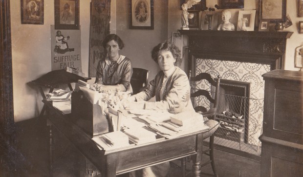 Mrs Emmeline Pankhurst and Mrs Mabel Tuke photographed in Mrs Pankhurst's office in Clements Inn