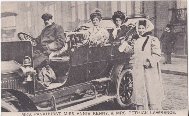 Emmeline Pankhurst, Emmeling Pethick-Lawrence and Annie Kenney photographed in the WSPU car