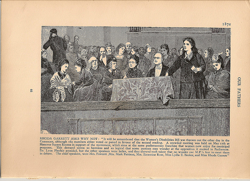 Rhoda Garrett speaking at a suffrage meeting at the Hanover Rooms, London, 1870