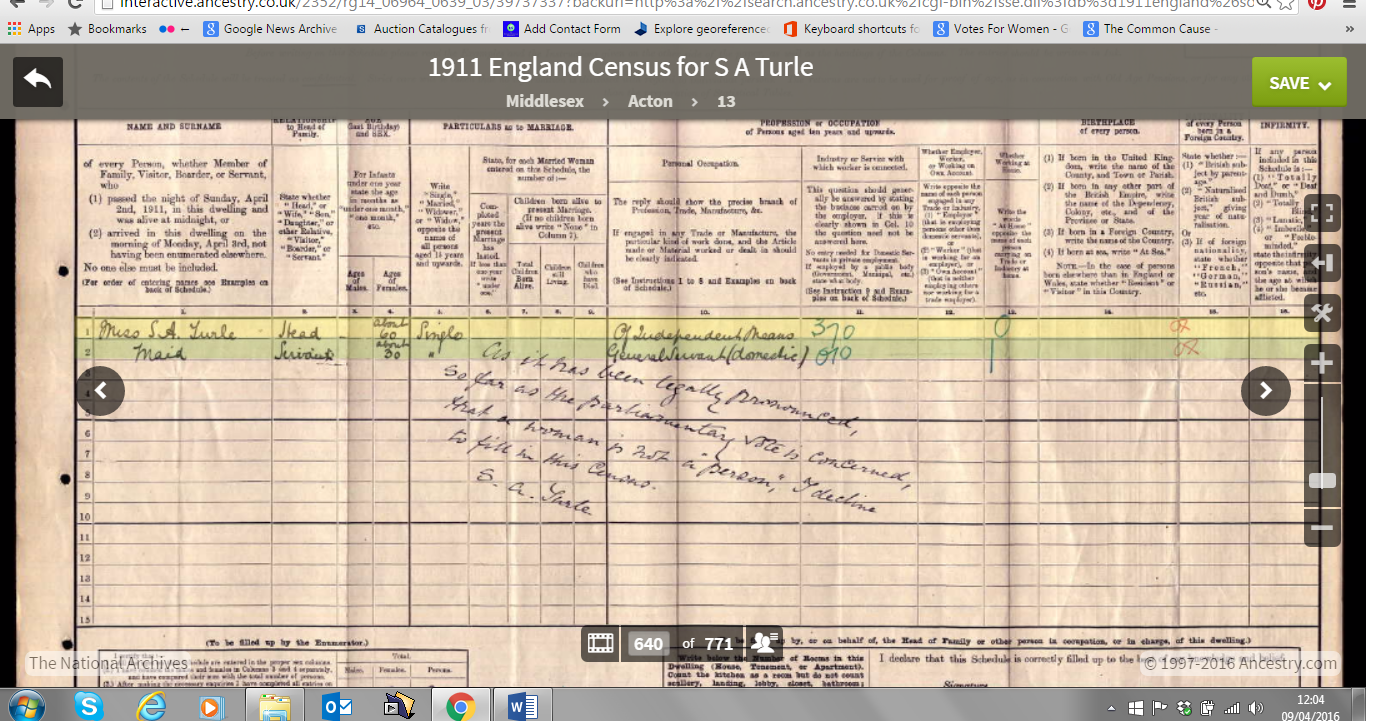 1911 census form for Miss Sophia Adelaide Turle (courtesy of The National Archives and Ancestry.co.uk)