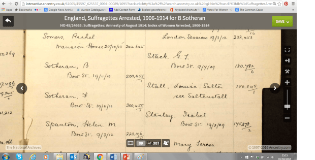 Entry for the Sotheran sisters in the 'England - Suffragettes Arrested 1906-1914' (courtesy of The National Archives and Ancestry.co.uk)